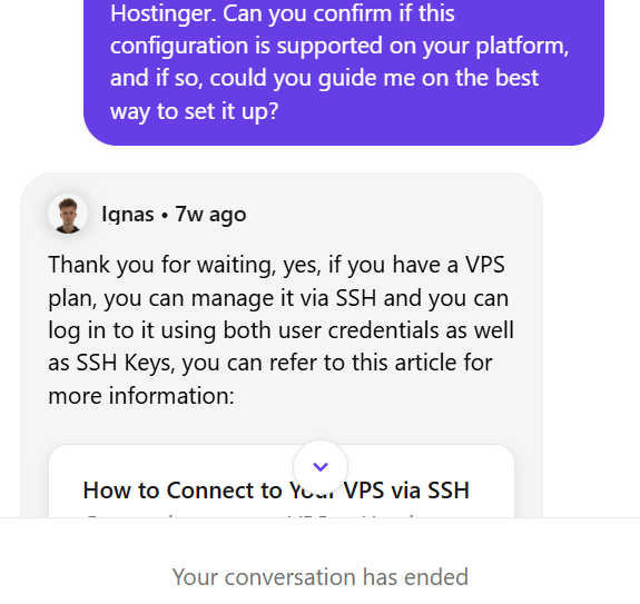 Hostinger Livechat conversation