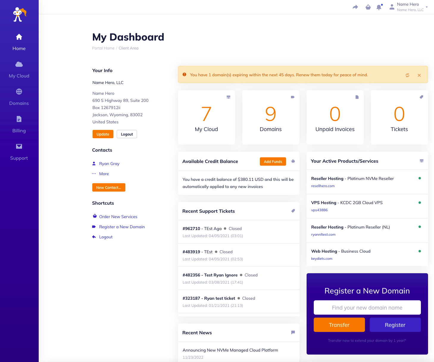 NameCheap's Dashboard