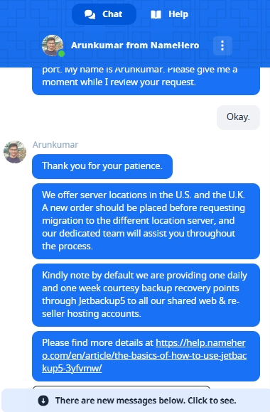 NameHero Livechat conversation