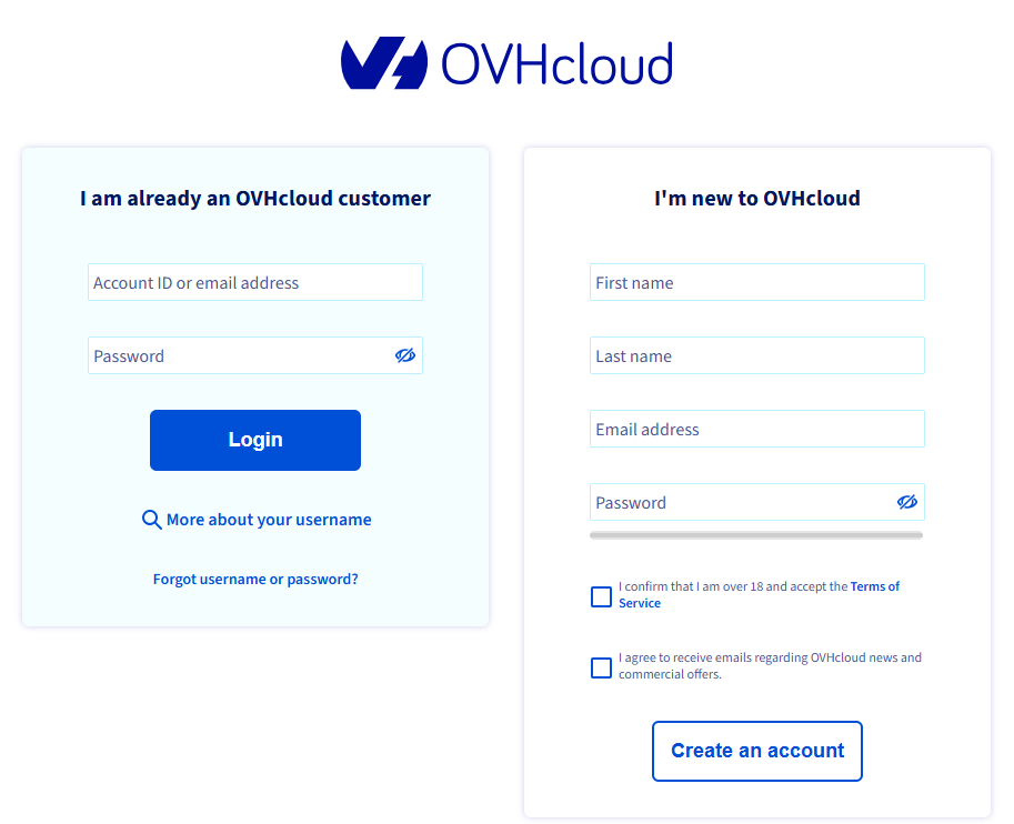 Página de Login da OVHcloud