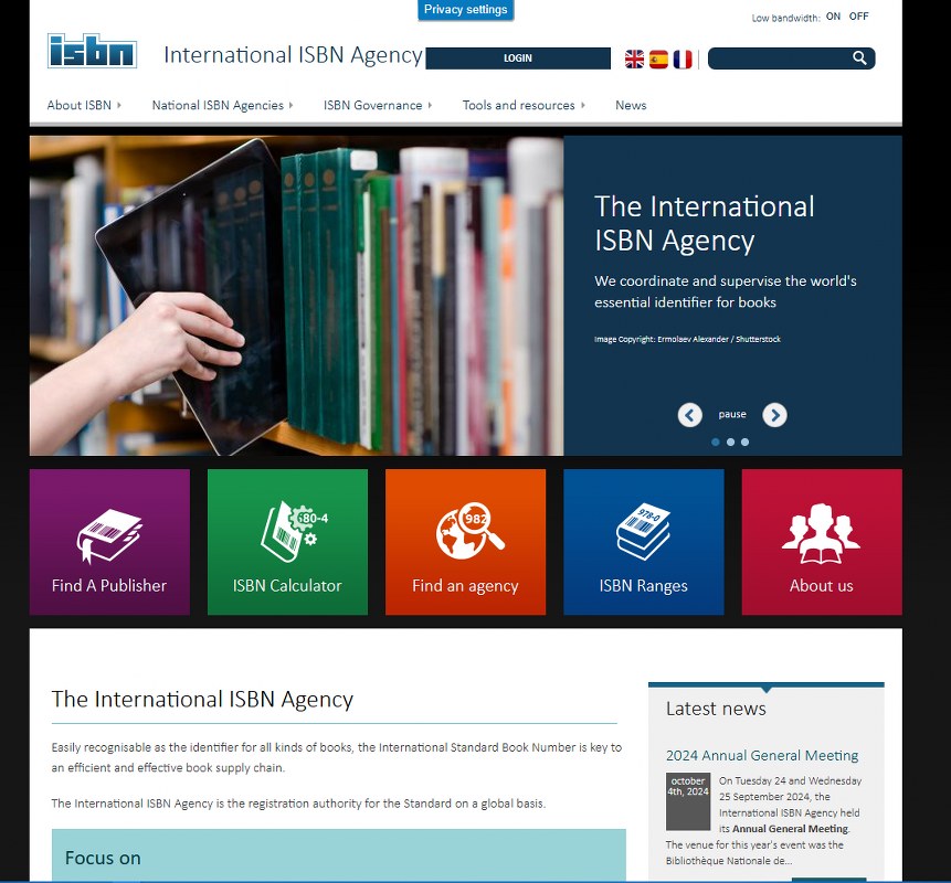 ISBN website homepage.