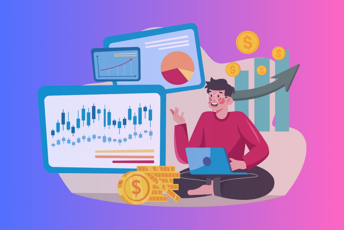 Illustration of Market Research: marketer using laptop with graphs and marketing icons at the back.