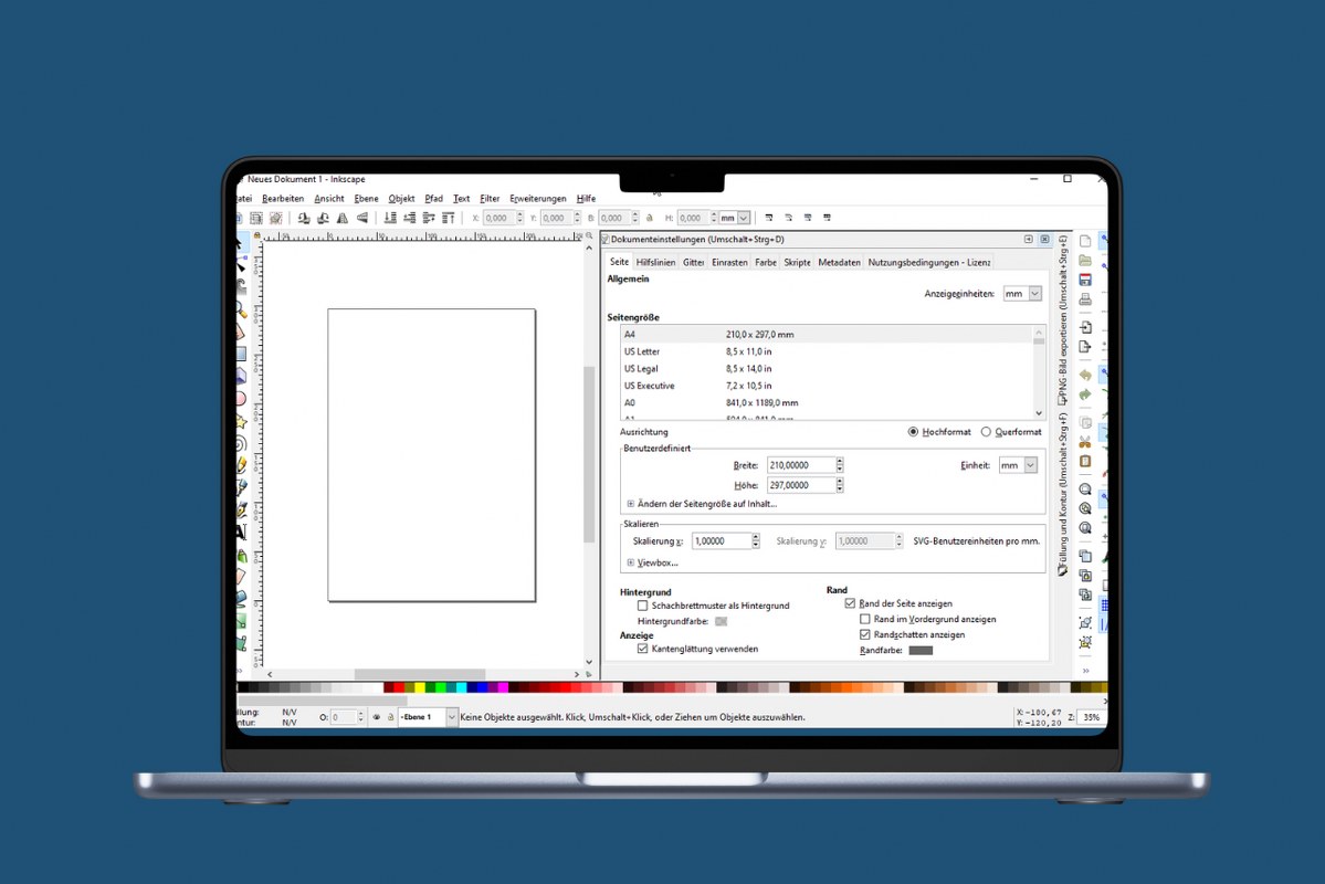 Inkscape's Document properties accessed on laptop.