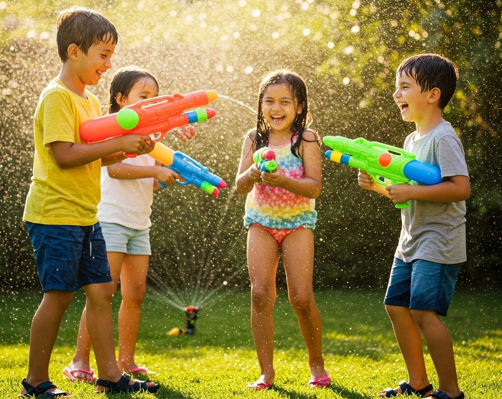 Kids playing with water blaster guns.