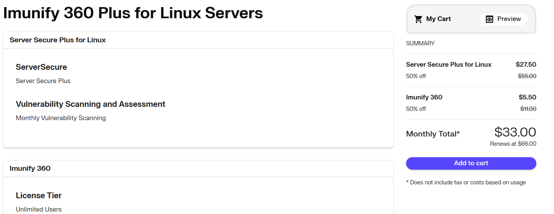 Imunify 360 Plus for Linux Servers page