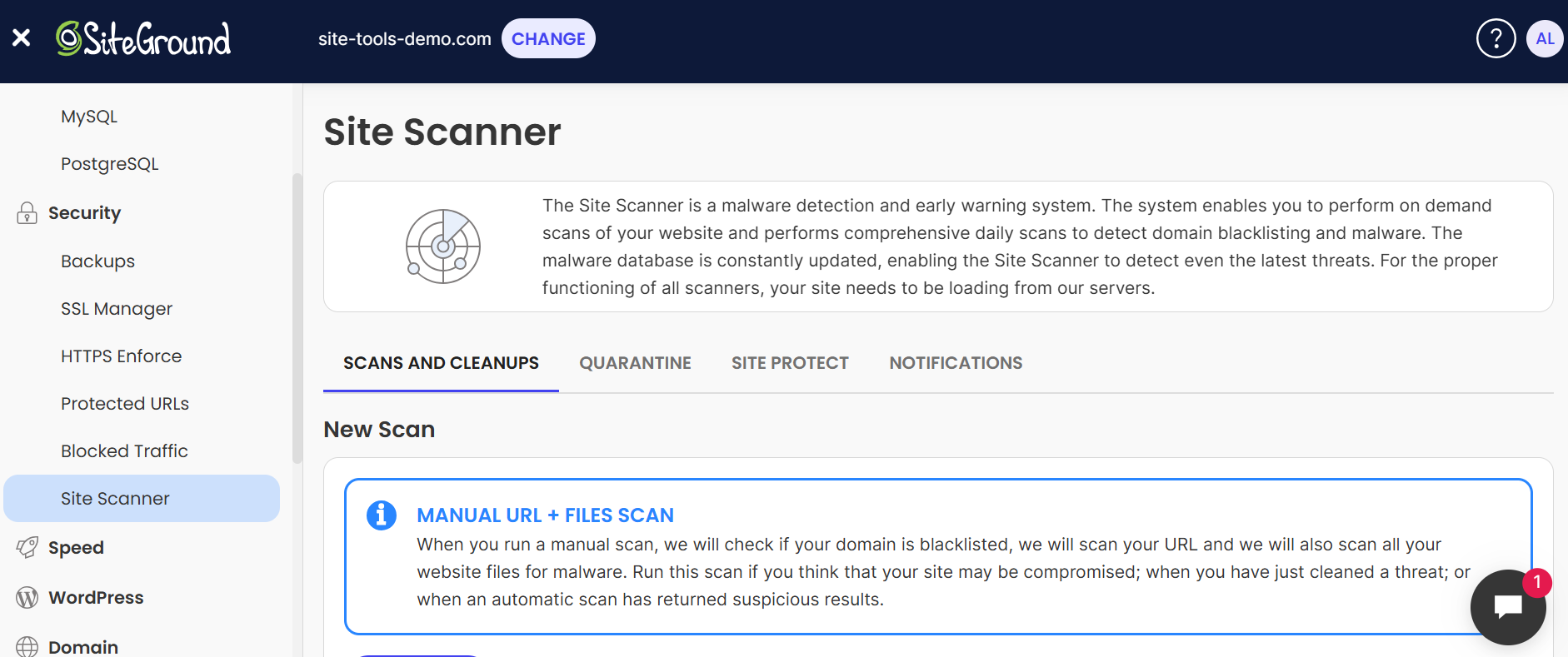 Site Scanner page