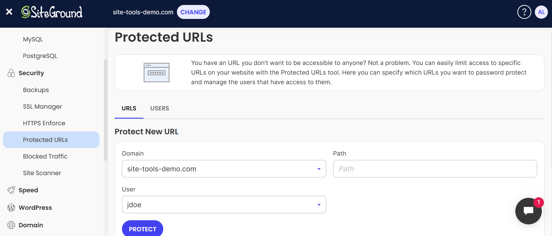 Protected URLs page