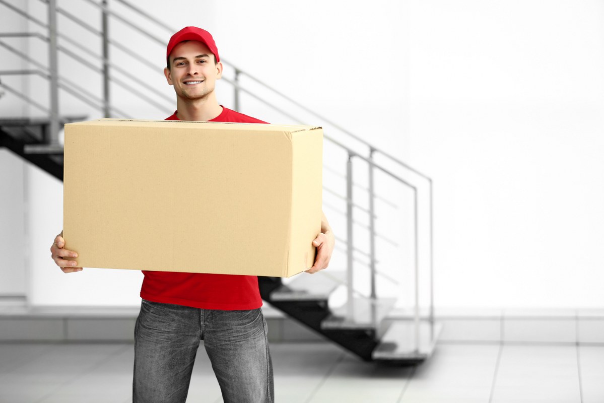 Male delivery man holds medium sized package.