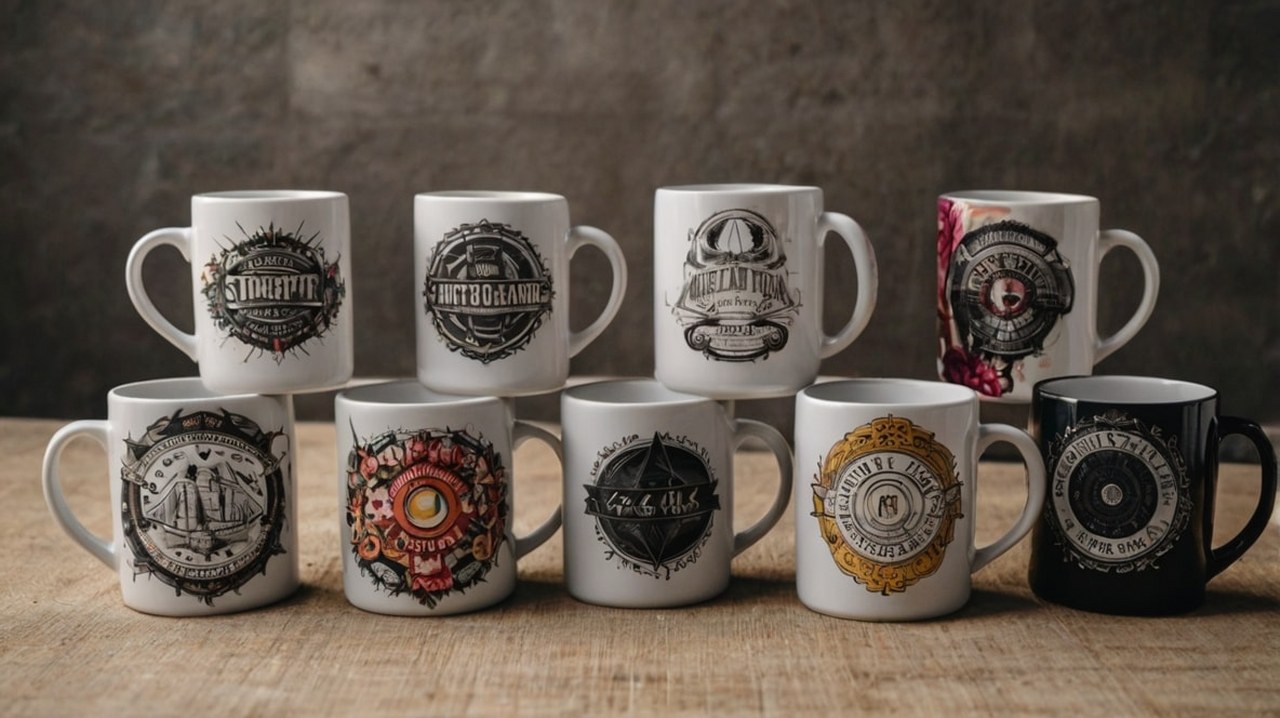 Merch mugs featuring designs.