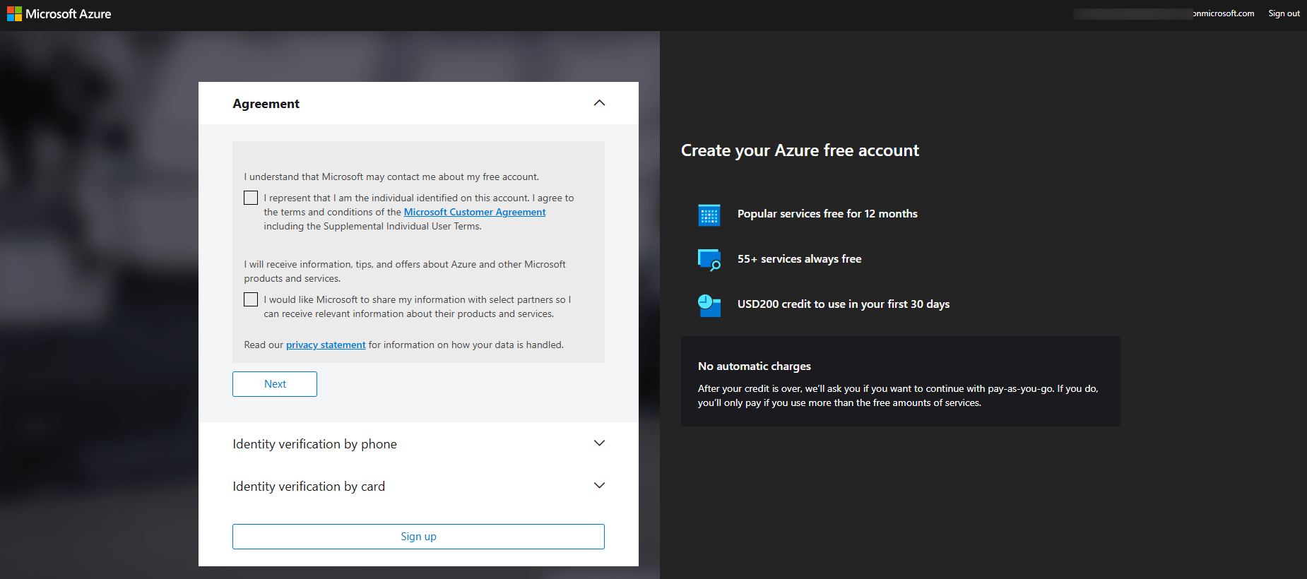 Creating the Azure account