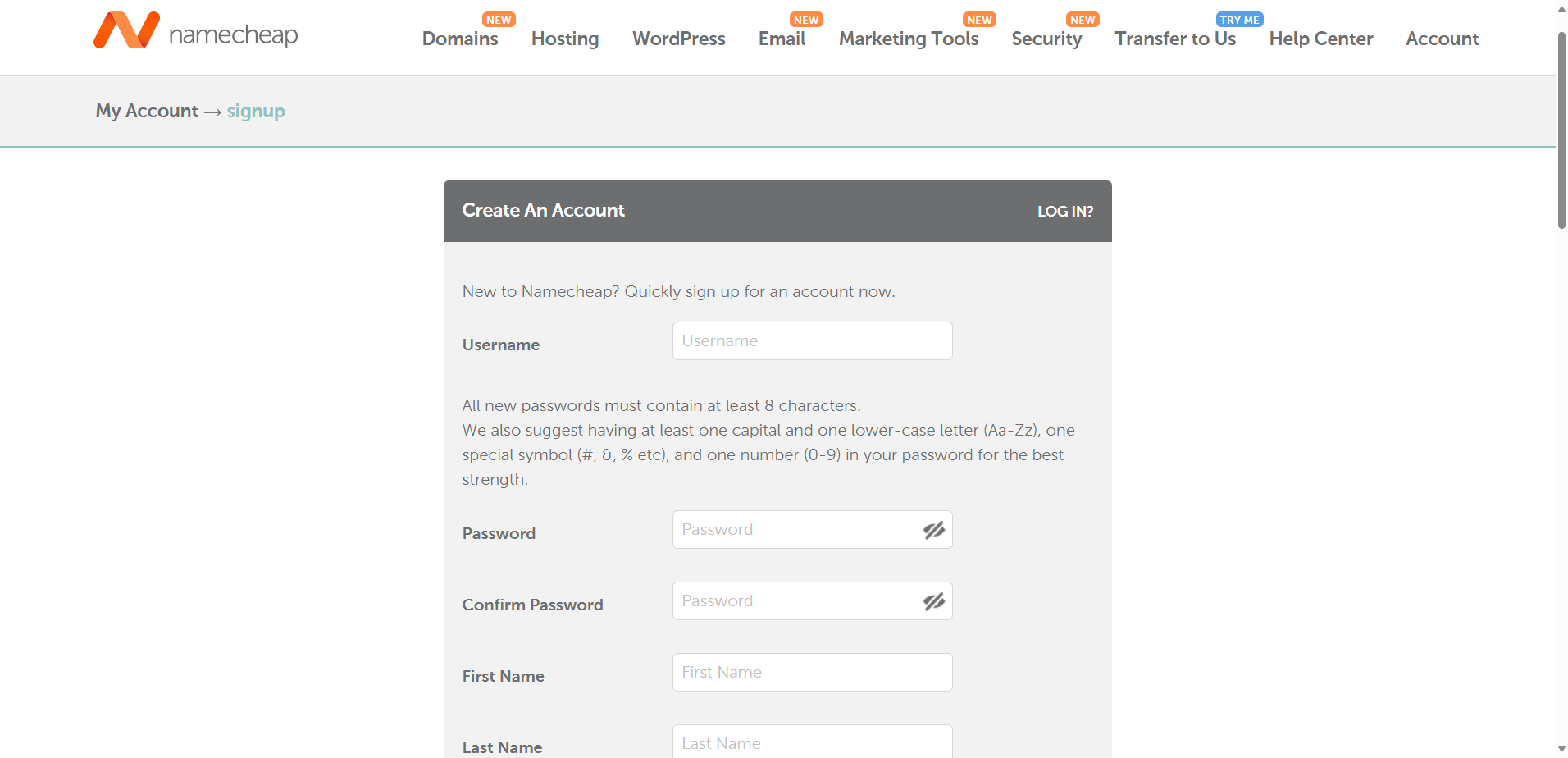 Namecheap Sign Up form