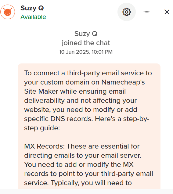 Namecheap Livechat conversation