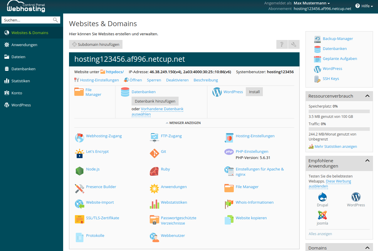 Websites & Domains tab