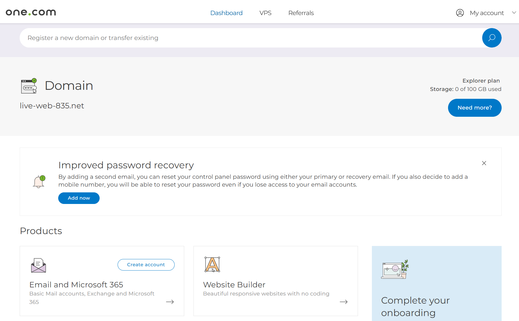 Tableau de bord one.com