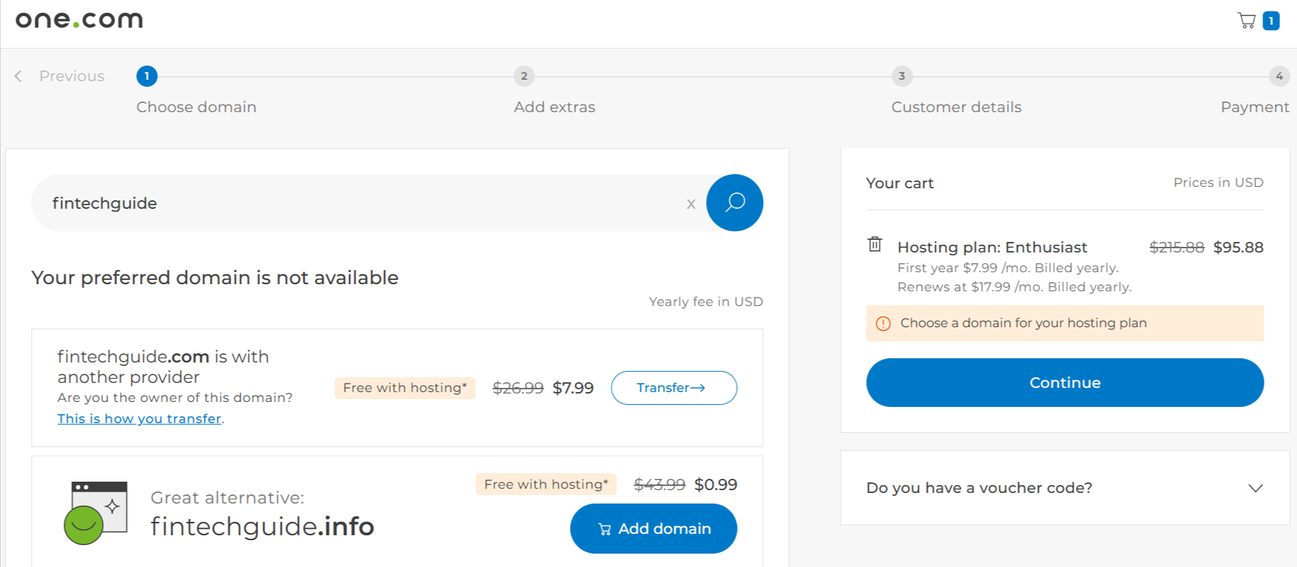 Menu de domaine One.com