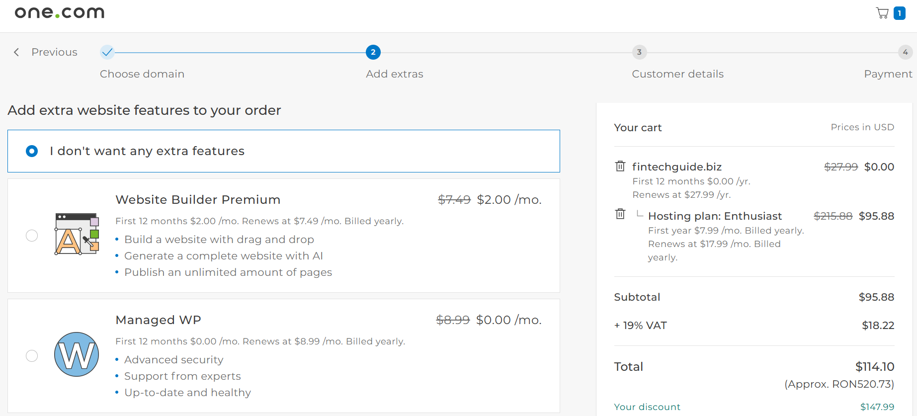Menu des options One.com