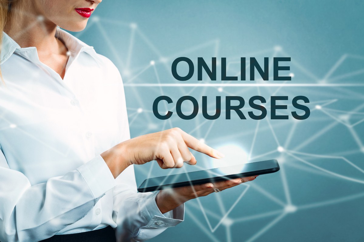 Online Courses text with business woman.