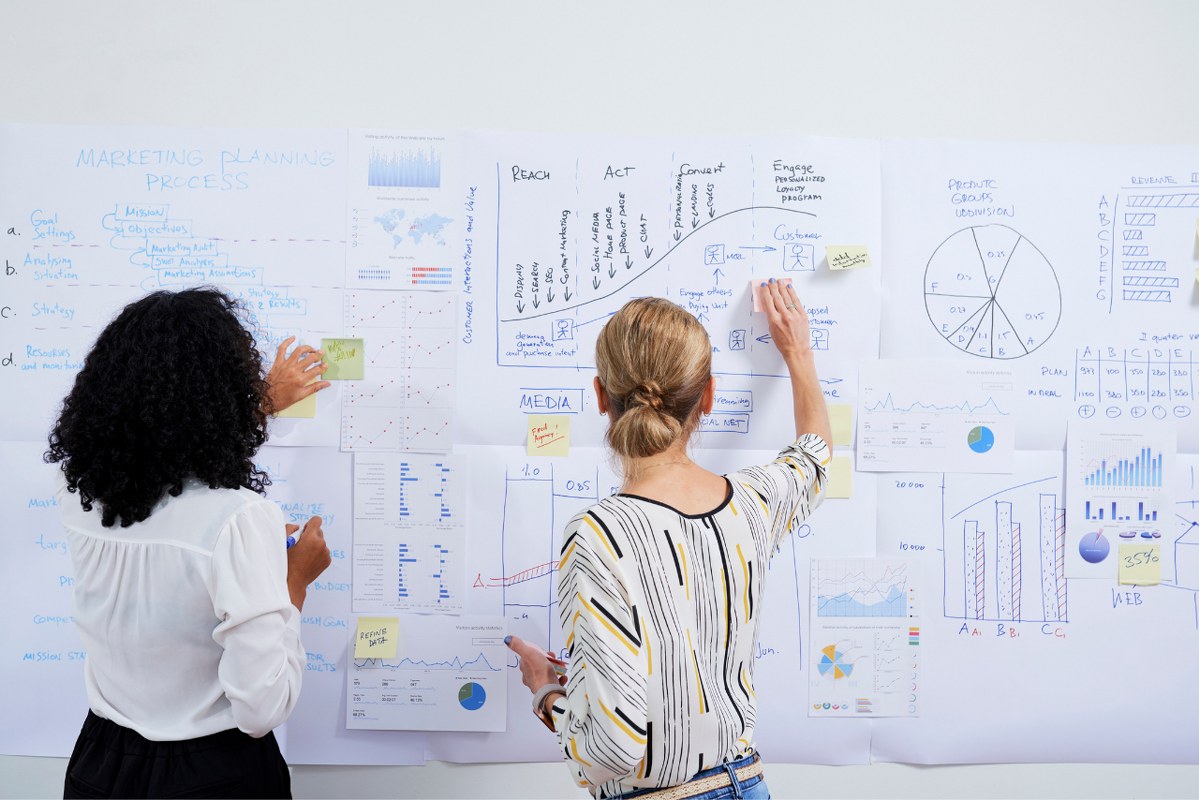 Rearview image of two business women executives analyzing business charts on wall.