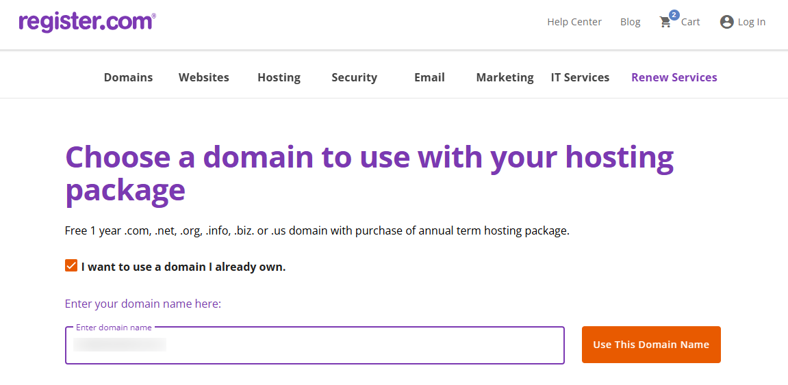 Register.com Domain menu