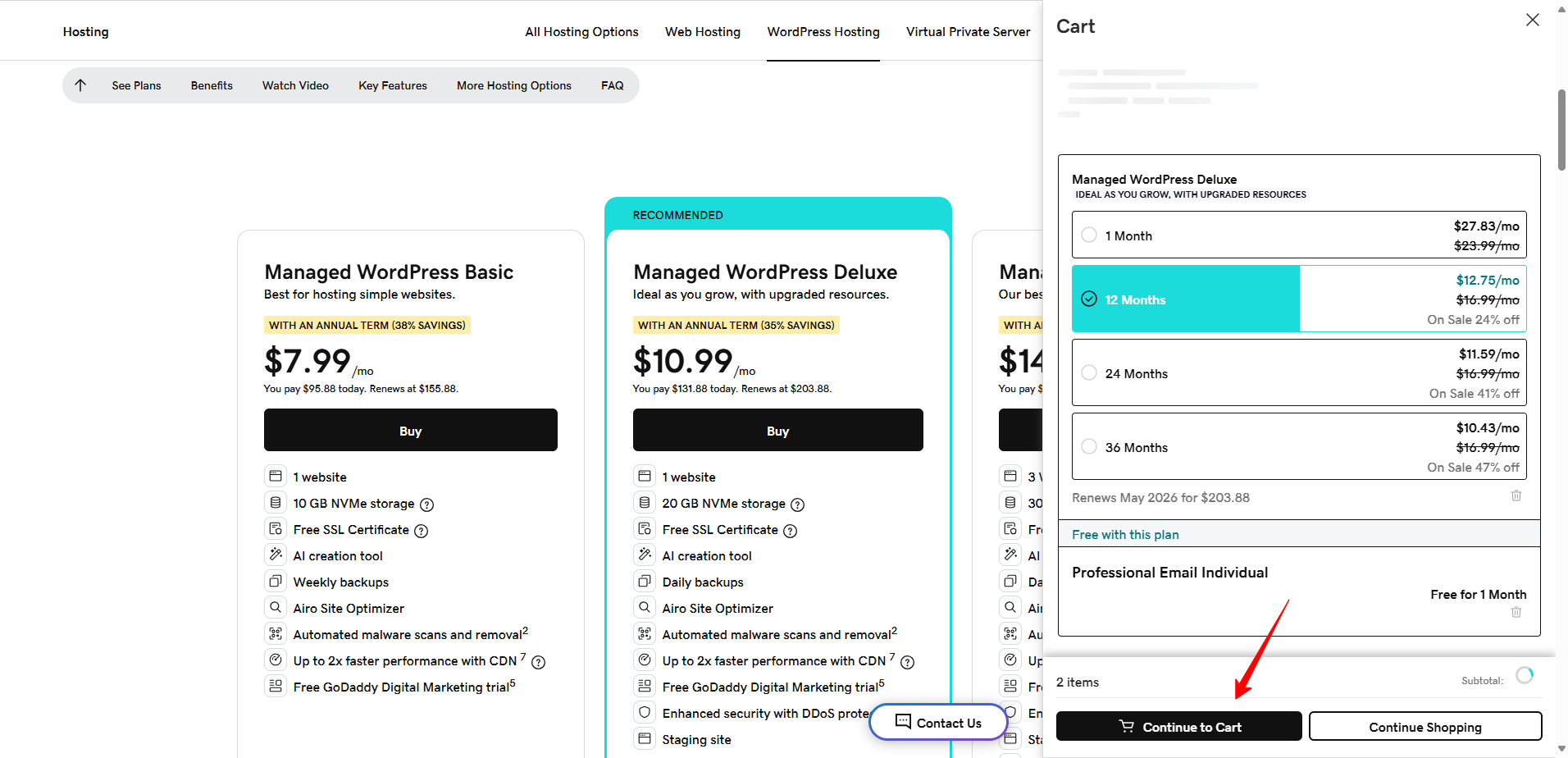 Continue to Cart button