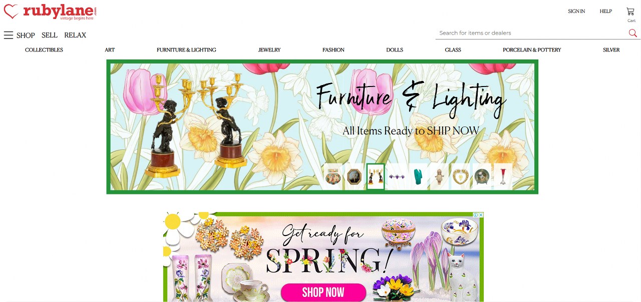 Ruby lane website homepage.