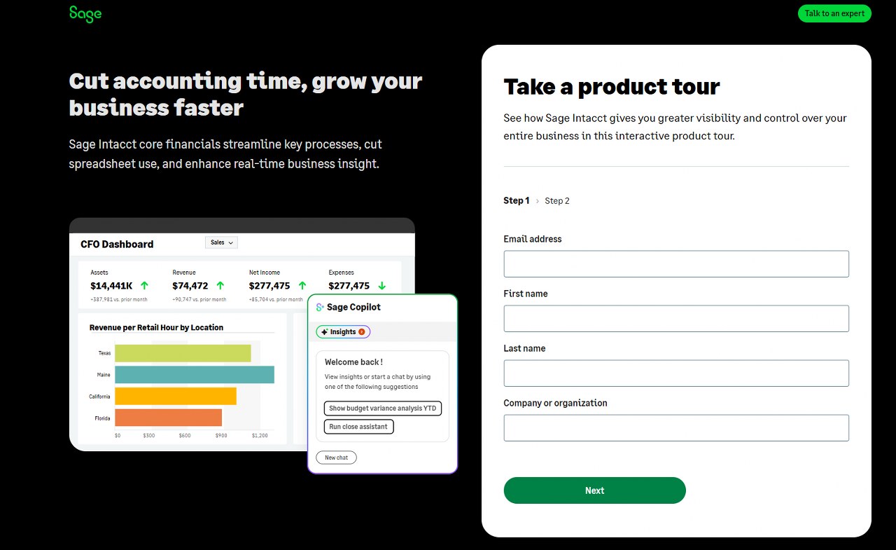 Sage Intacct website homepage.