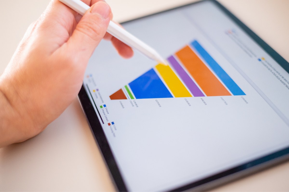 Sales funnel graph displayed on a tablet, with a hand holding a pen.