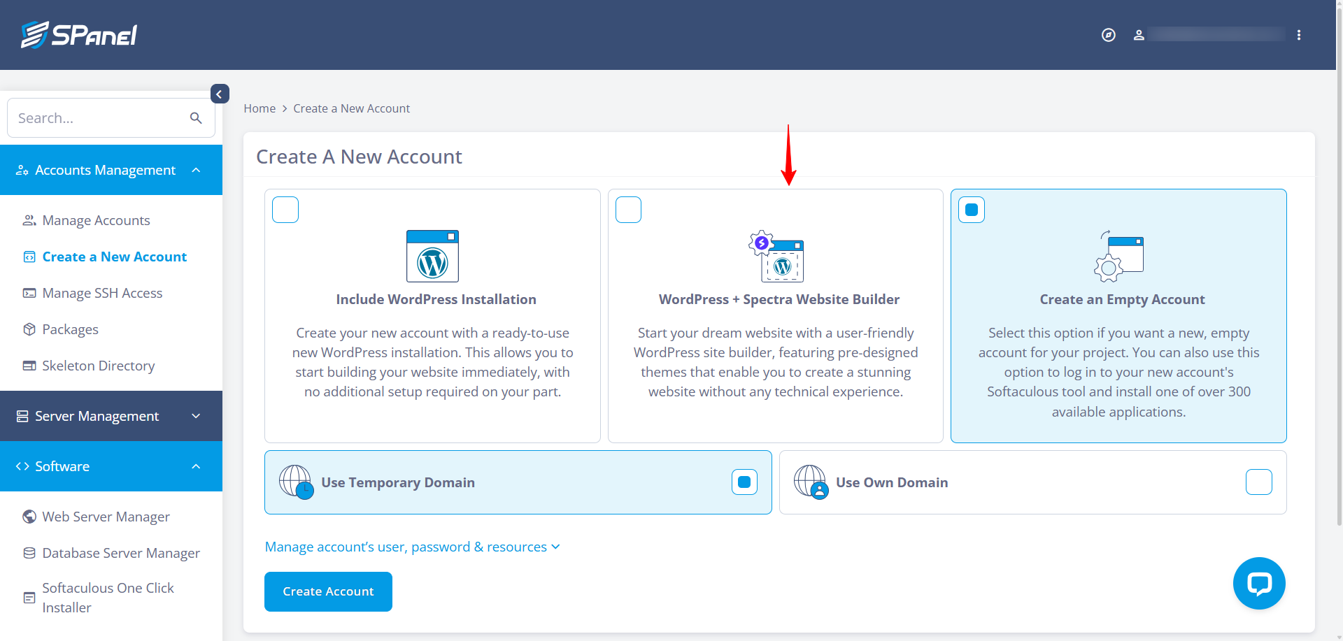 WordPress + Specta Website Builder button