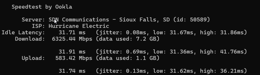 Speed test results