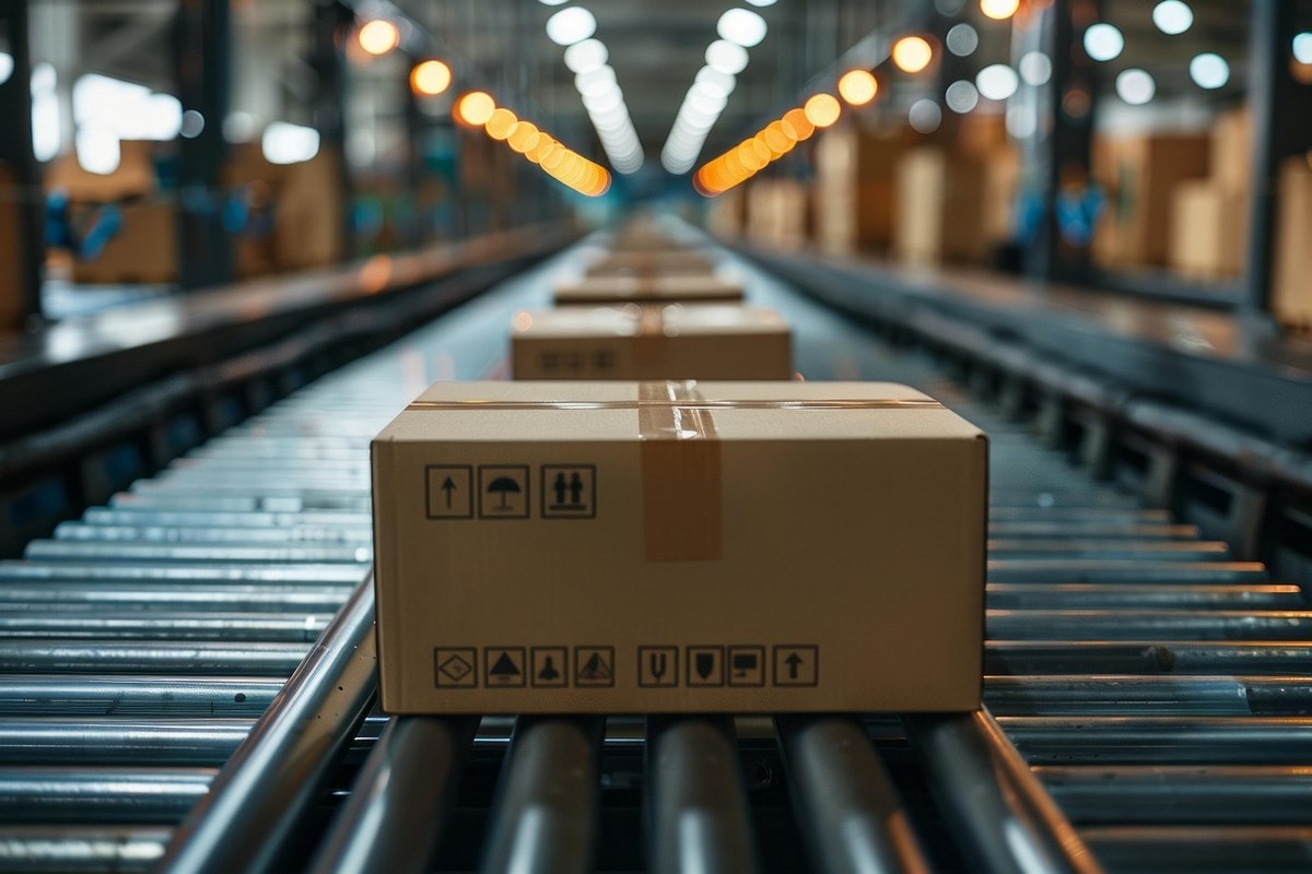 Shipment on a conveyor belt.