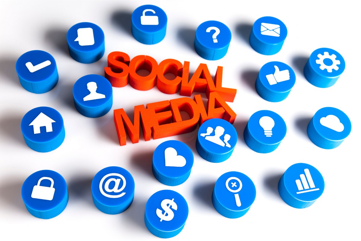 Social media words and related logos in 3d rendering.