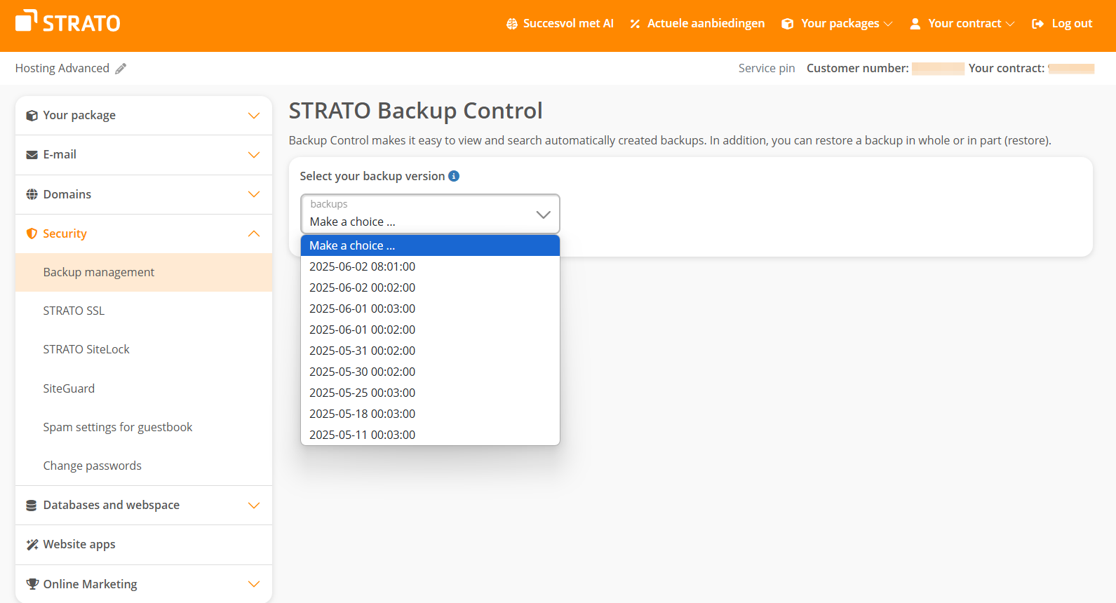Strato Backup Control page