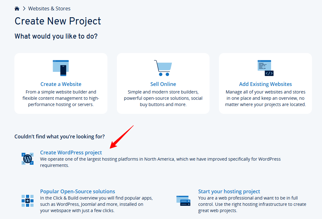 Create WordPress project button