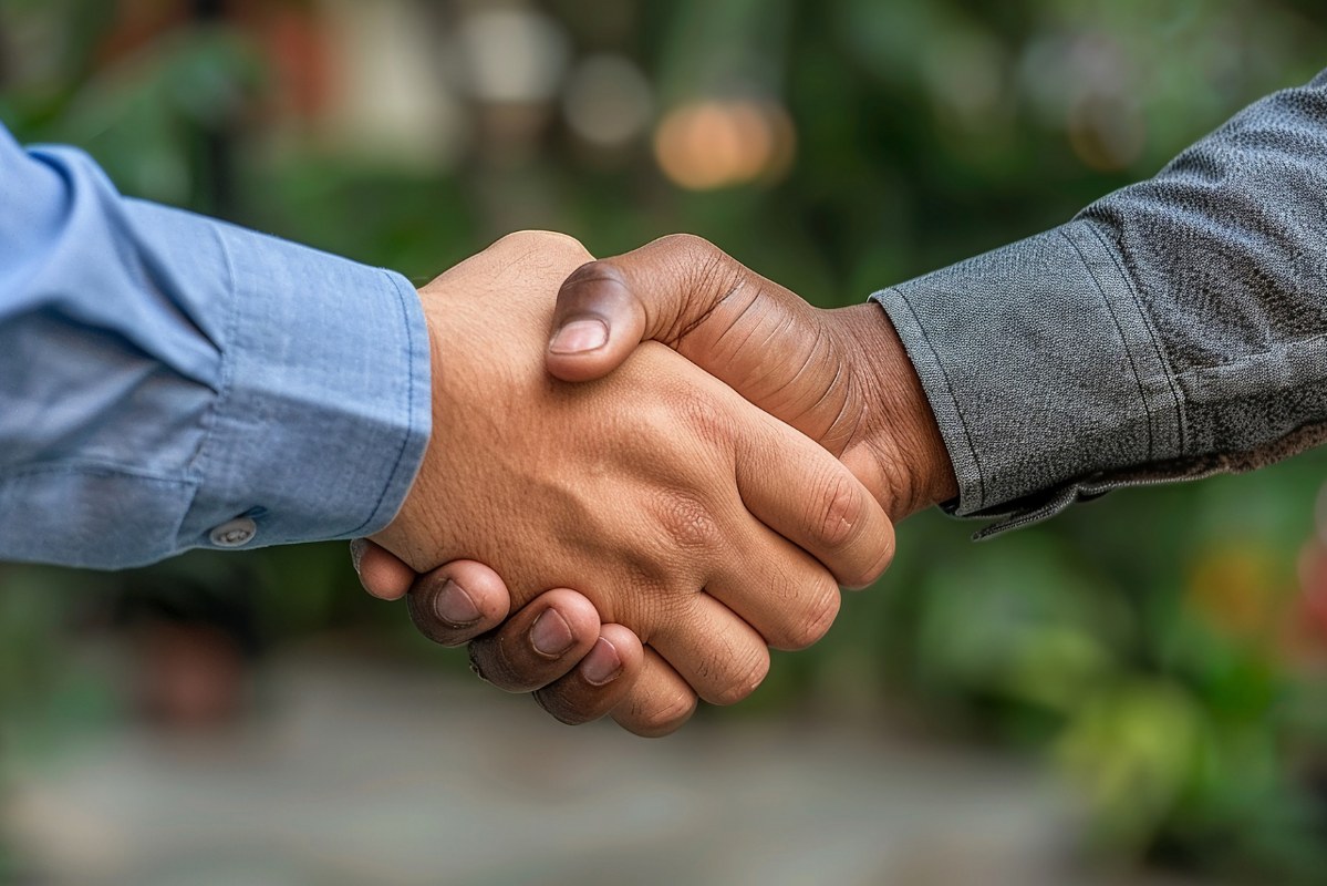 Strong customer relationship: two hands shake to seal a deal.