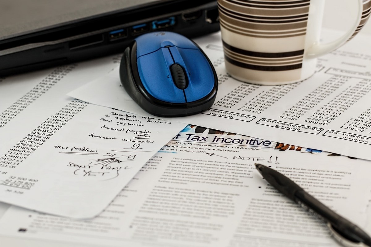 Tax forms on a table.
