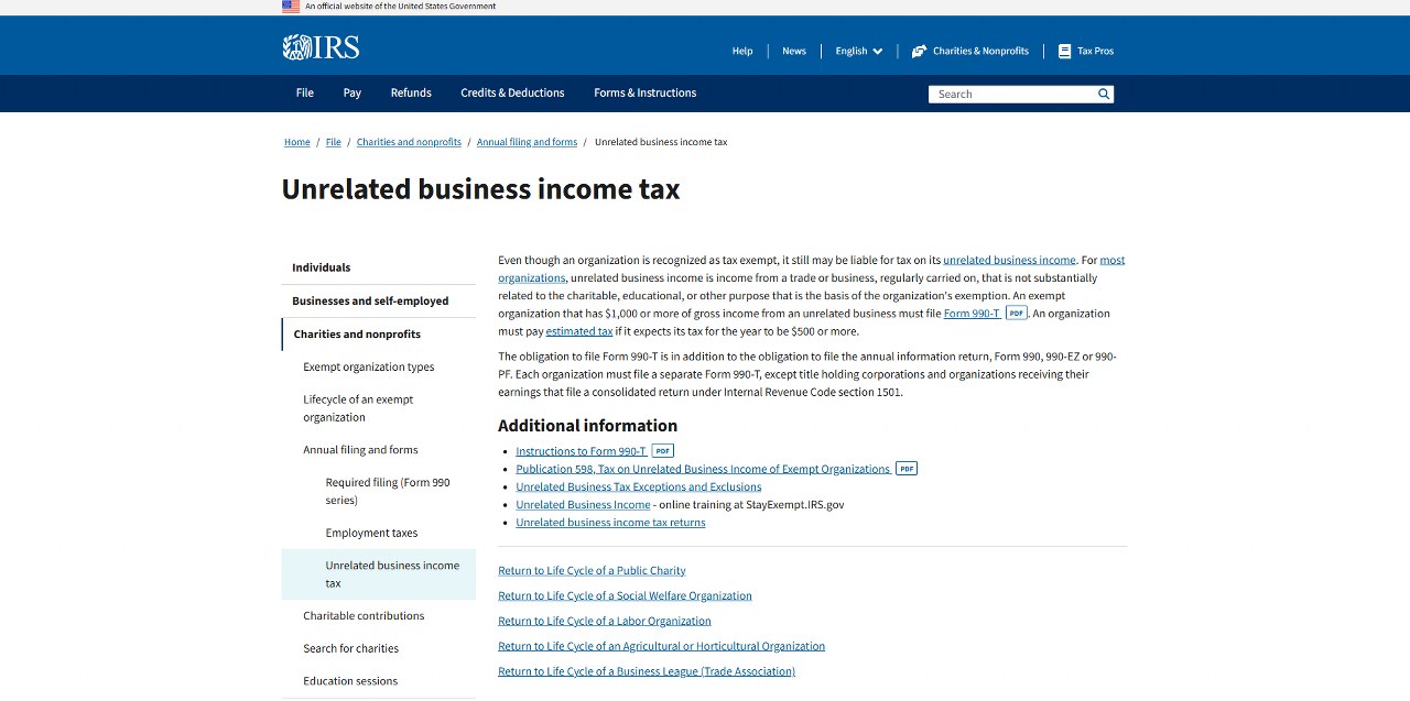 Unrelated business income tax (UBIT) page on IRS.