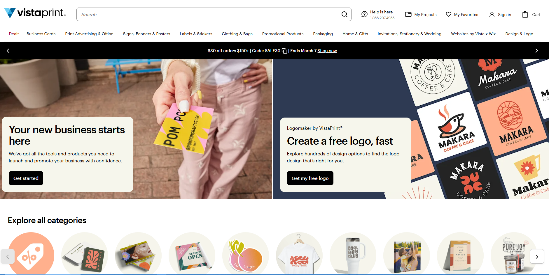 Vistaprint website homepage.
