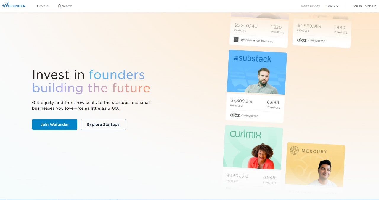WeFunder website homepage.