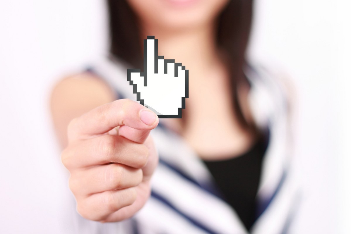 Woman holding Website click icon.