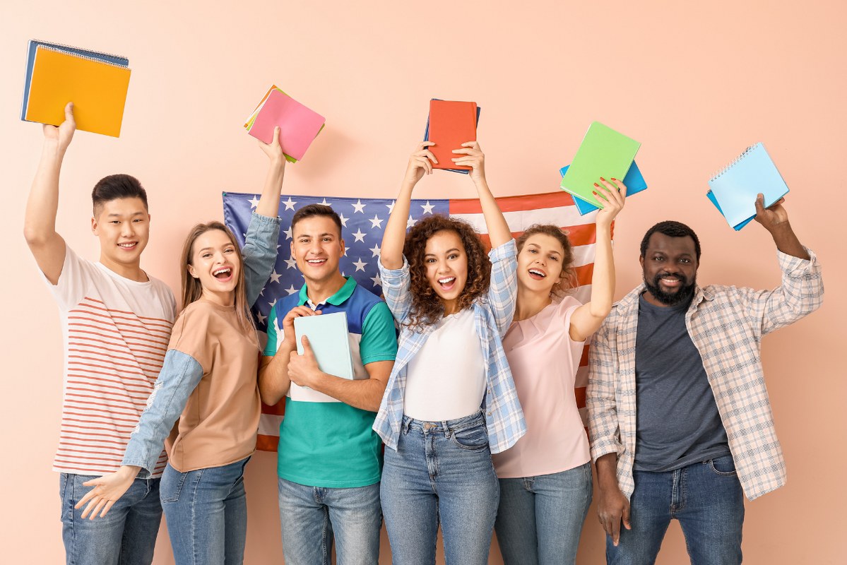 Young Students of Language School on Beige Background.