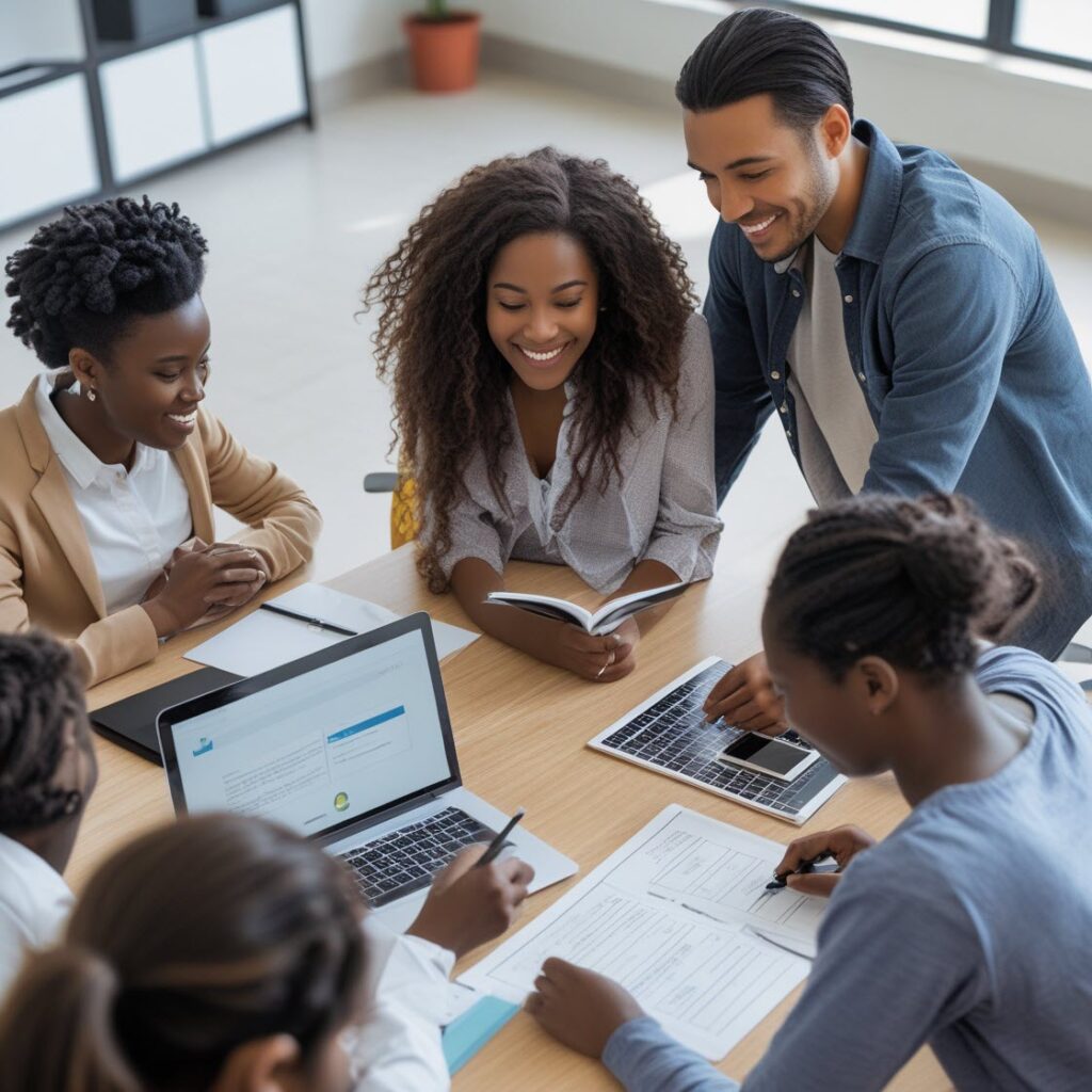 A diverse group of young people engaged in developing an eLearning platform, collaborating around a table with laptops, notes, and digital content in a modern office setting.