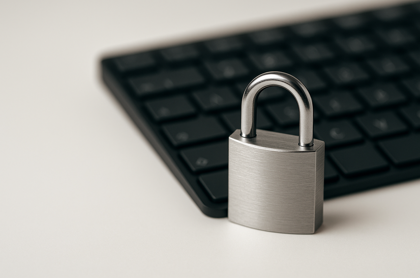 A silver padlock placed in front of a black computer keyboard, symbolizing cybersecurity and data protection.