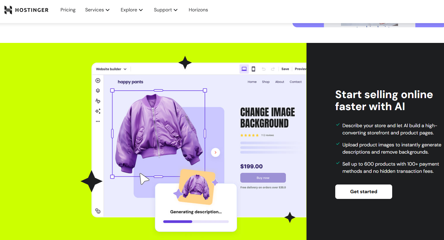 Hostinger website screenshot with information about AI website building features