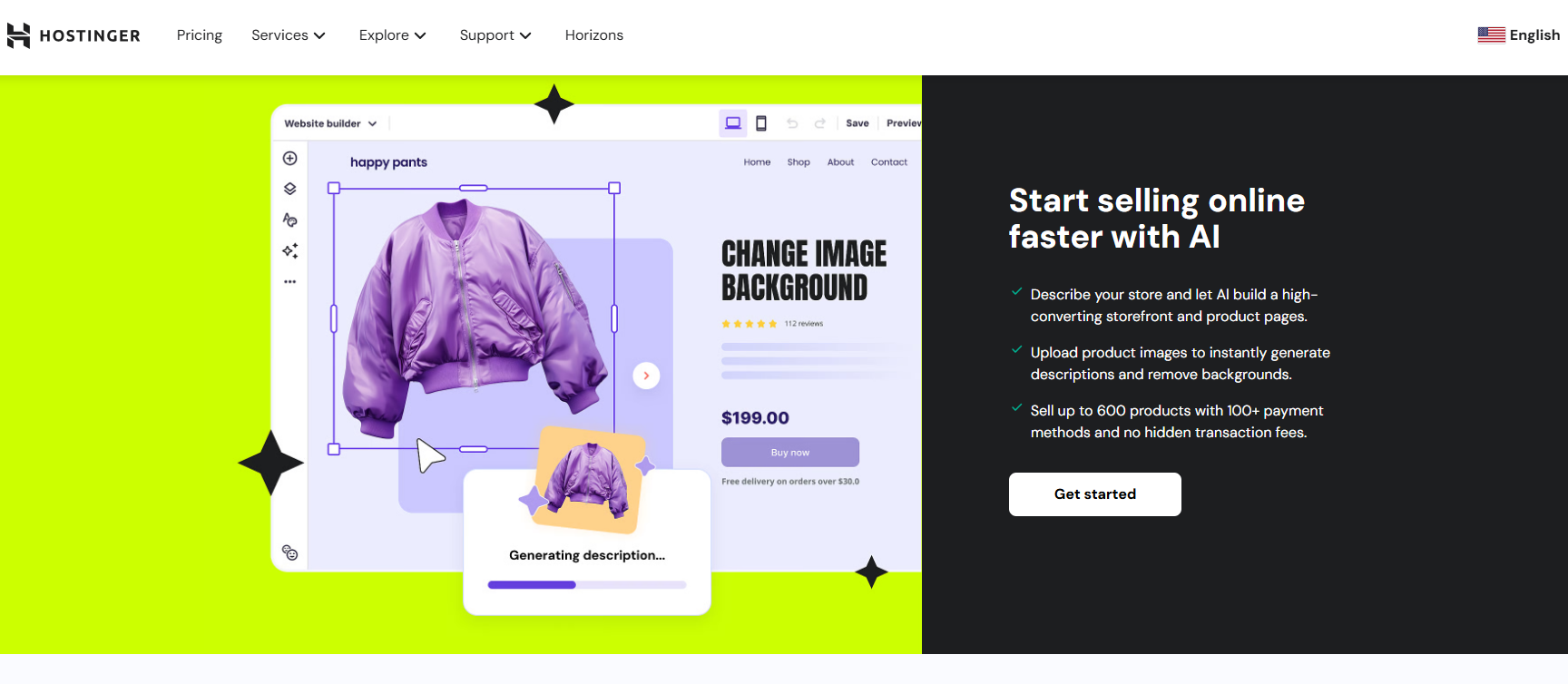 Hostinger's website screenshot listing AI website building features