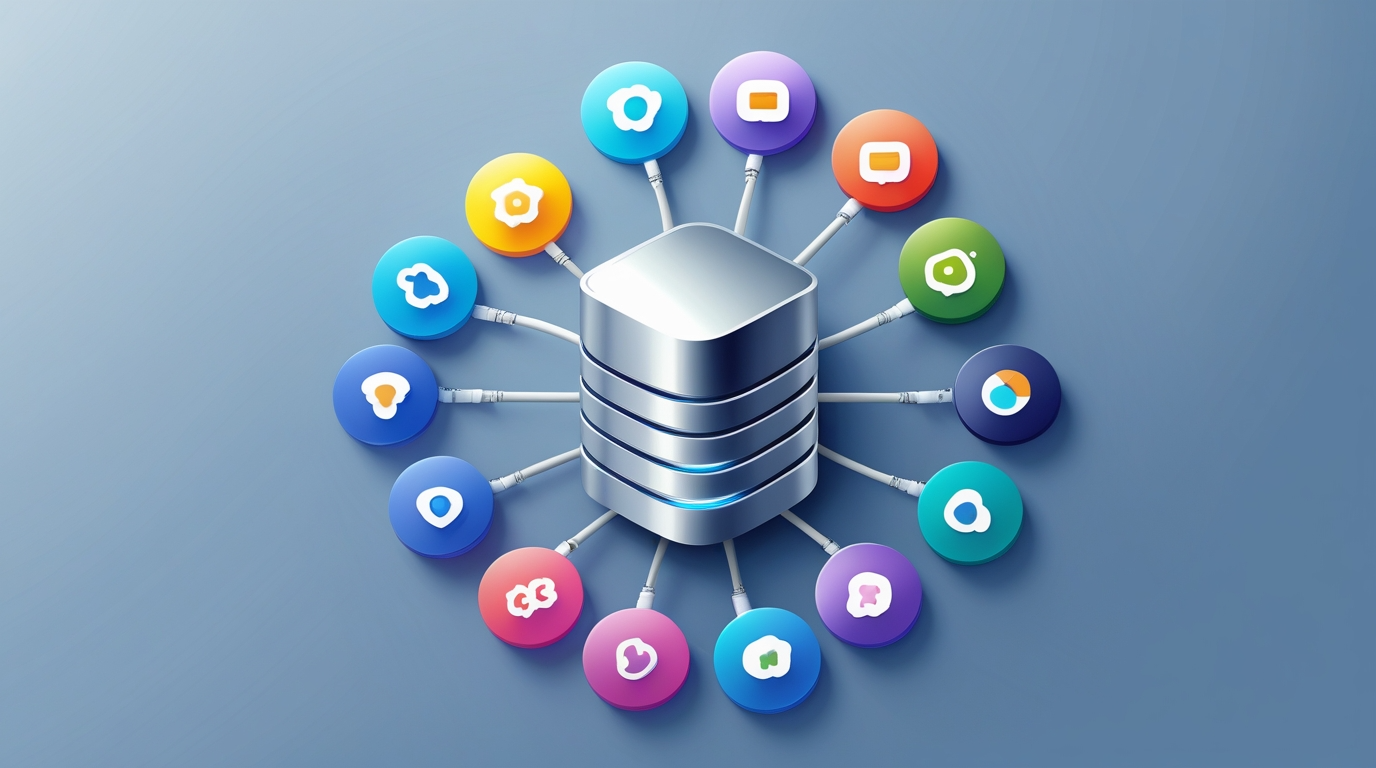 Server connected to multiple colorful app icons, symbolizing data management and website integrations.