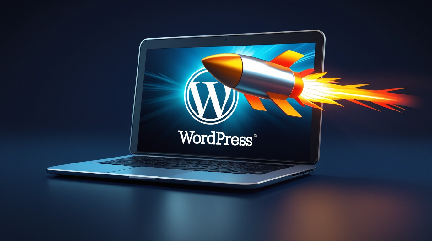Laptop screen showing WordPress logo with a rocket blasting out, representing WordPress speed optimization.