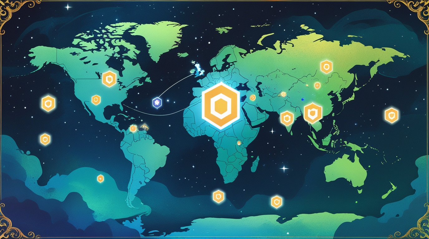 Illustrated world map with glowing shield icons representing global server or security network locations.