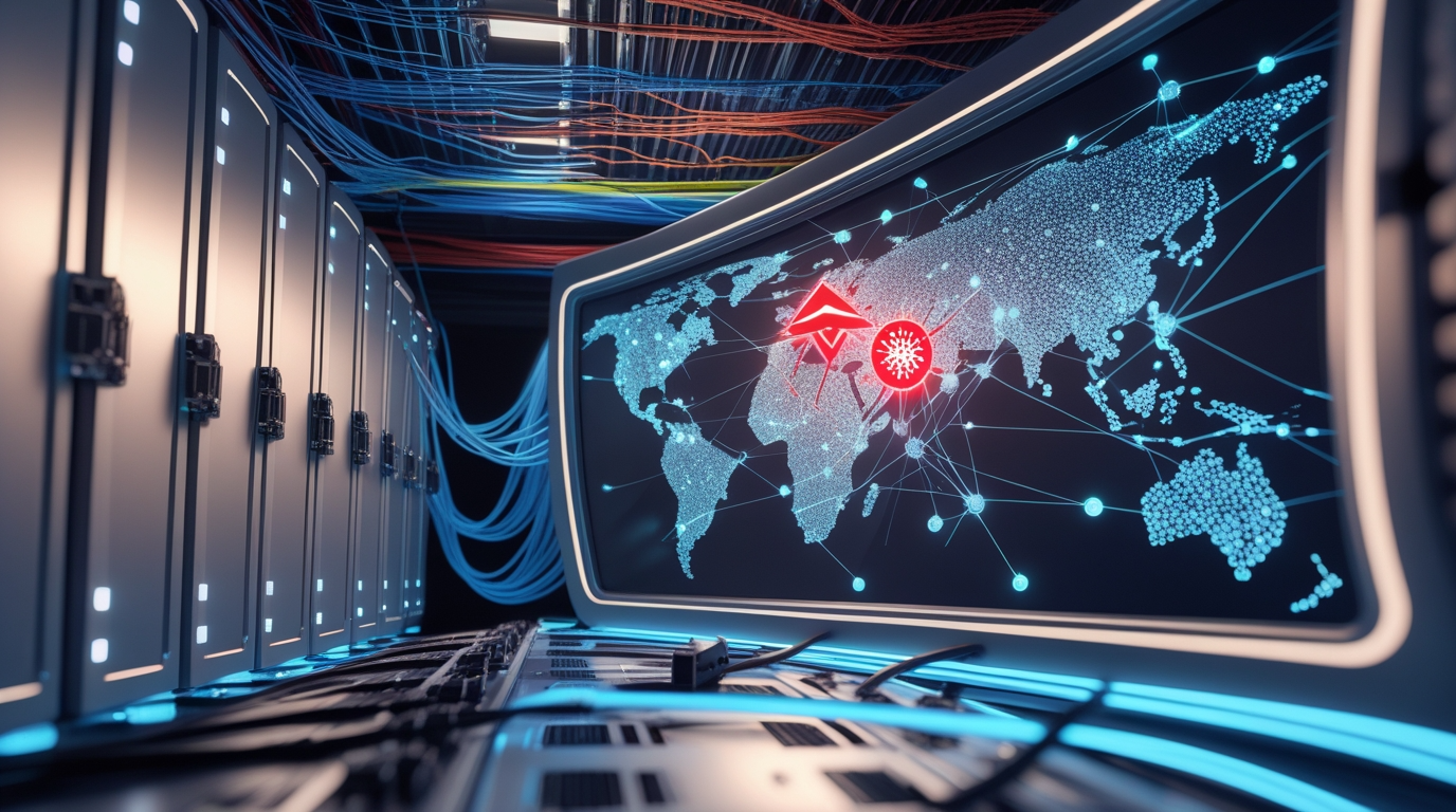 Server racks with a large screen displaying a world map highlighting a cyberattack threat.