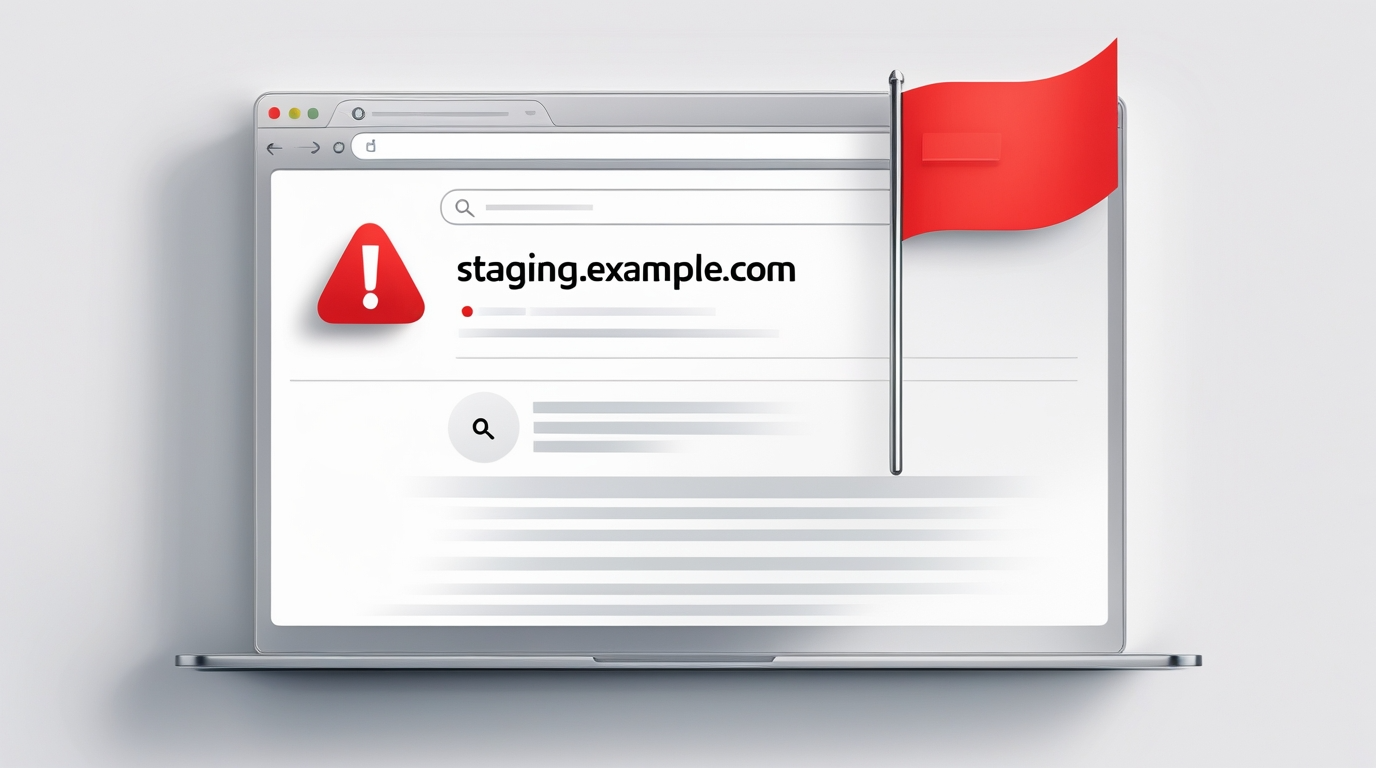 Laptop screen showing a warning for a staging site URL with a red alert icon and flag.