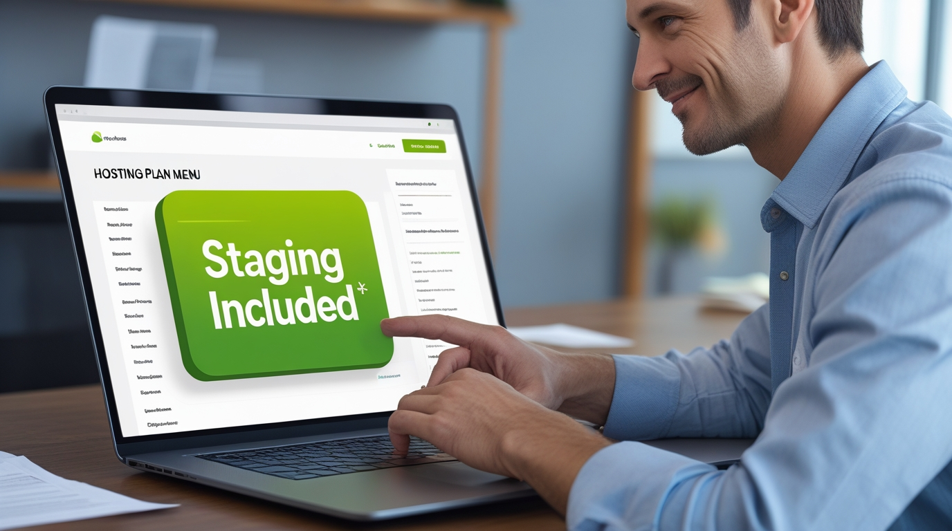 Smiling man pointing at a laptop screen showing a hosting plan with 
